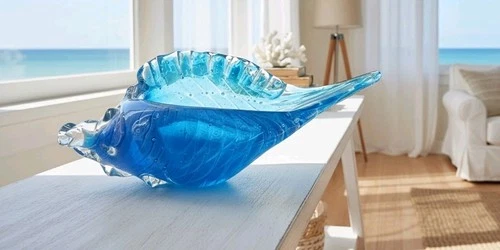 MCM Murano Style Blue Art Glass Conch Shell Bowl Bullicante Sommerso 9" Italy
