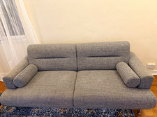 Grey Fabric Sofa with Bolsters, Silver Metal Legs, 215 x 95 x 75cm