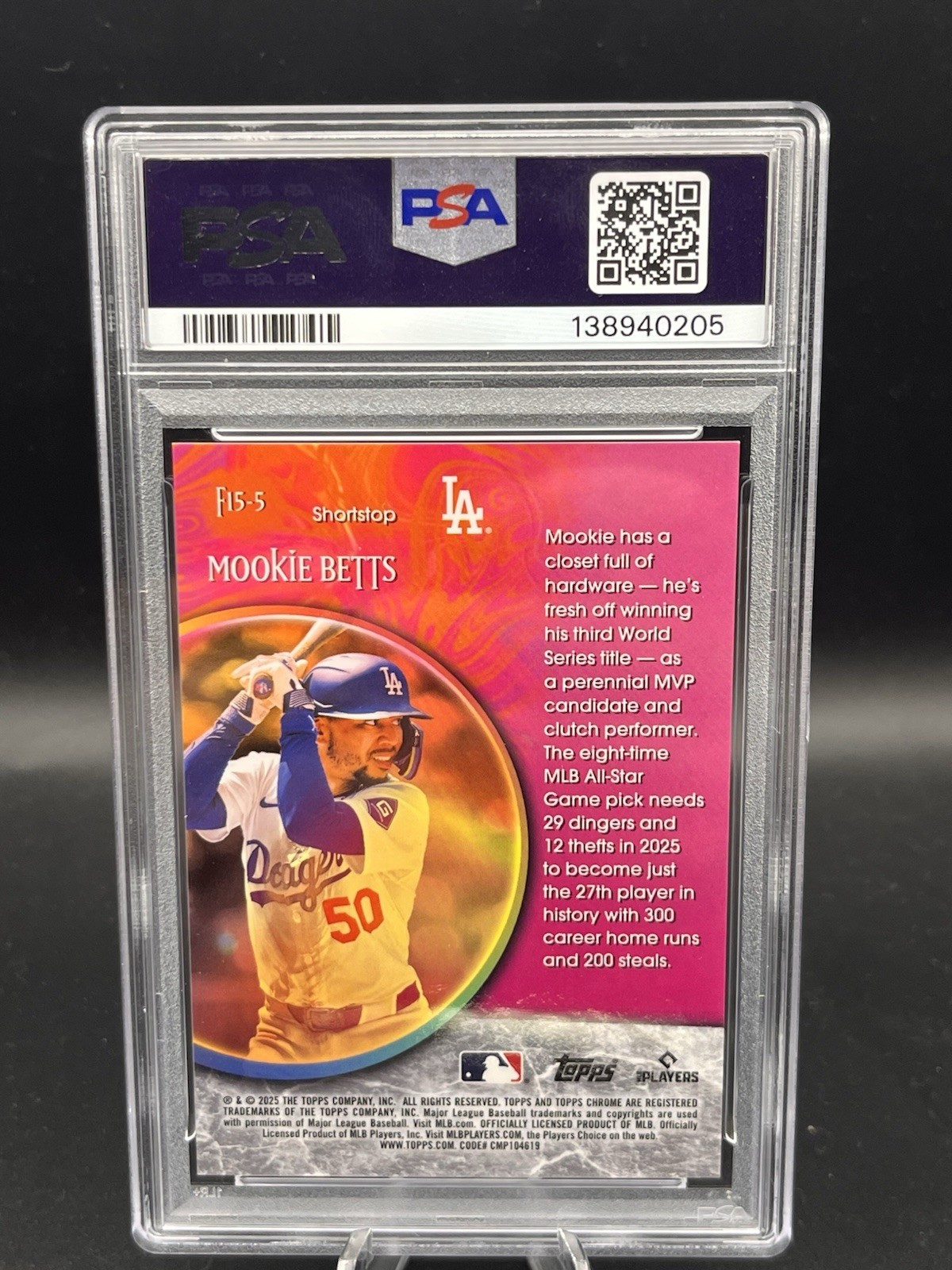 2025 Topps Chrome Fortune 15 Gold Refractor Mookie Betts #F15-5 PSA 32/50 POP 5 view 3