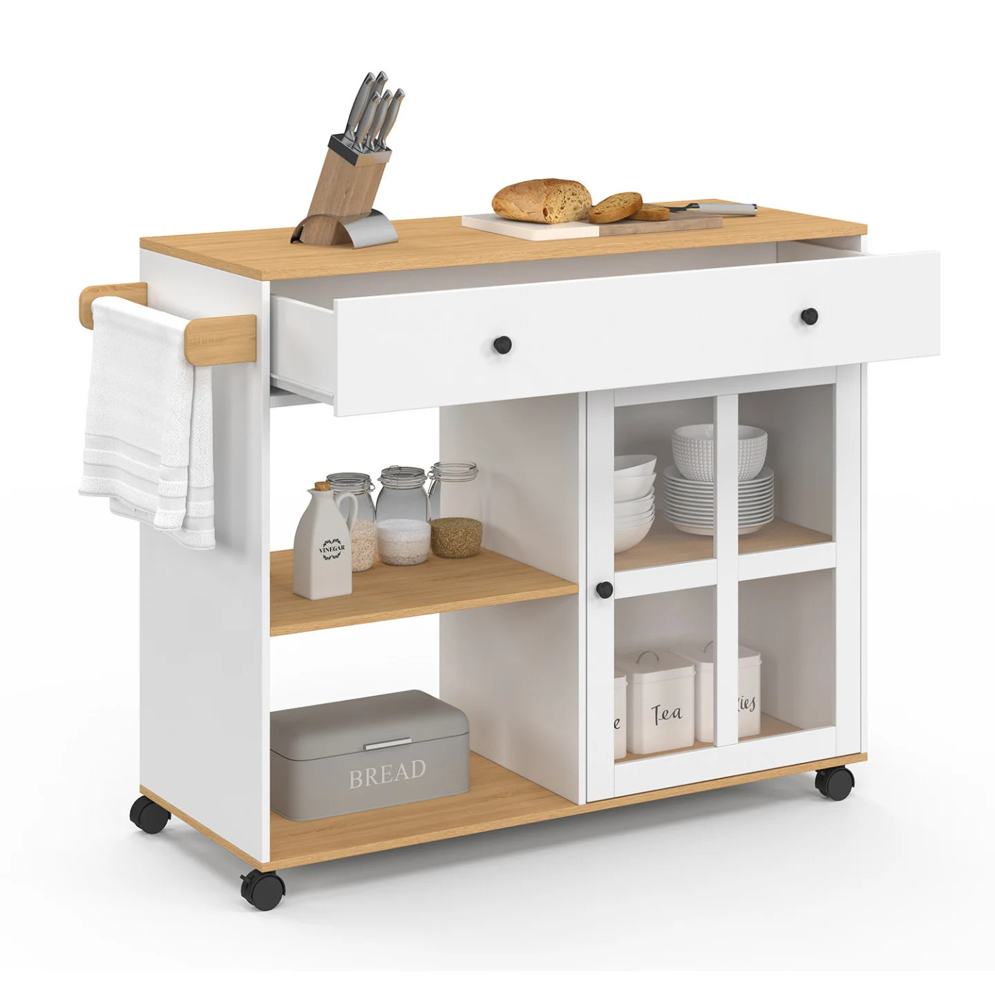 Desserte de cuisine ACHILLE grand format bois et blanc pour îlot central convivial