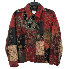 Chicos Jacket Size 1 US Medium Red Multicolor Tapestry Patchwork Art to Wear