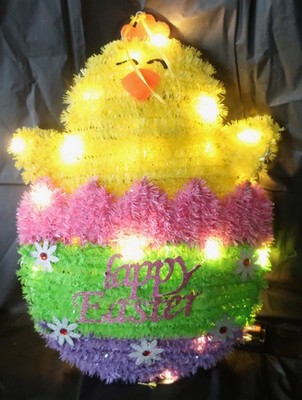 Happy Easter Egg w Chick Tinsel Wall Window Decor Lites Up Works  2 AA Batteries