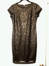 Vince Camuto Size 2 Black Abstract Floral Sequin Shirt Sleeve Cocktail Dress EUC