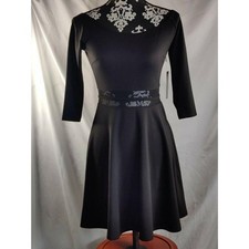 Lulus Womens Fit & Flare Dress 3/4 Sleeve Sheer Waist Boat Neck Black Size M
