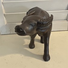 Hand-Carved Wooden Buffalo Figurine Sculpture Statue, Dark Brown