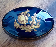 Limoges France Porcelain Trinket Box w/ Lid Blue & Gold Courting Couple