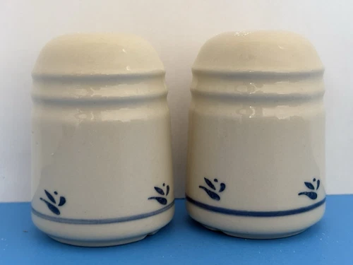Vtg Roseville Ohio Pottery Beige Blue Flowers Friendship Salt & Pepper Set