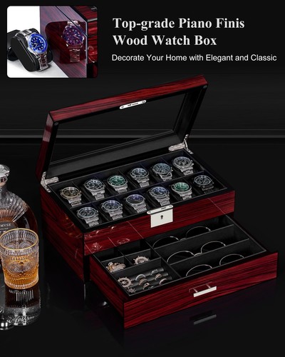 Uhrenbox Aufbewahrung Uhrenetuis für Herren mit großem Glasdeckel 2-stufig Holz Uhr... - Bild 3 von 9