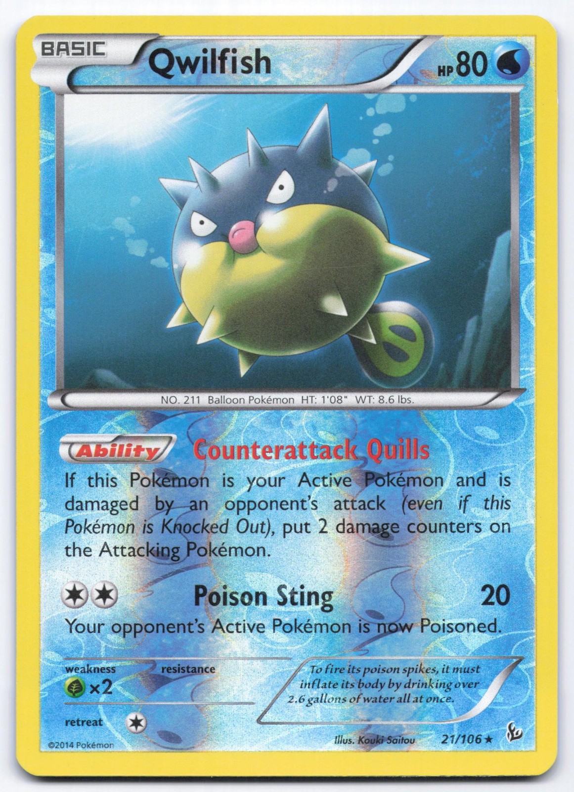 Qwilfish 21/106 Flashfire Reverse Holo Rare Pokemon Card LP