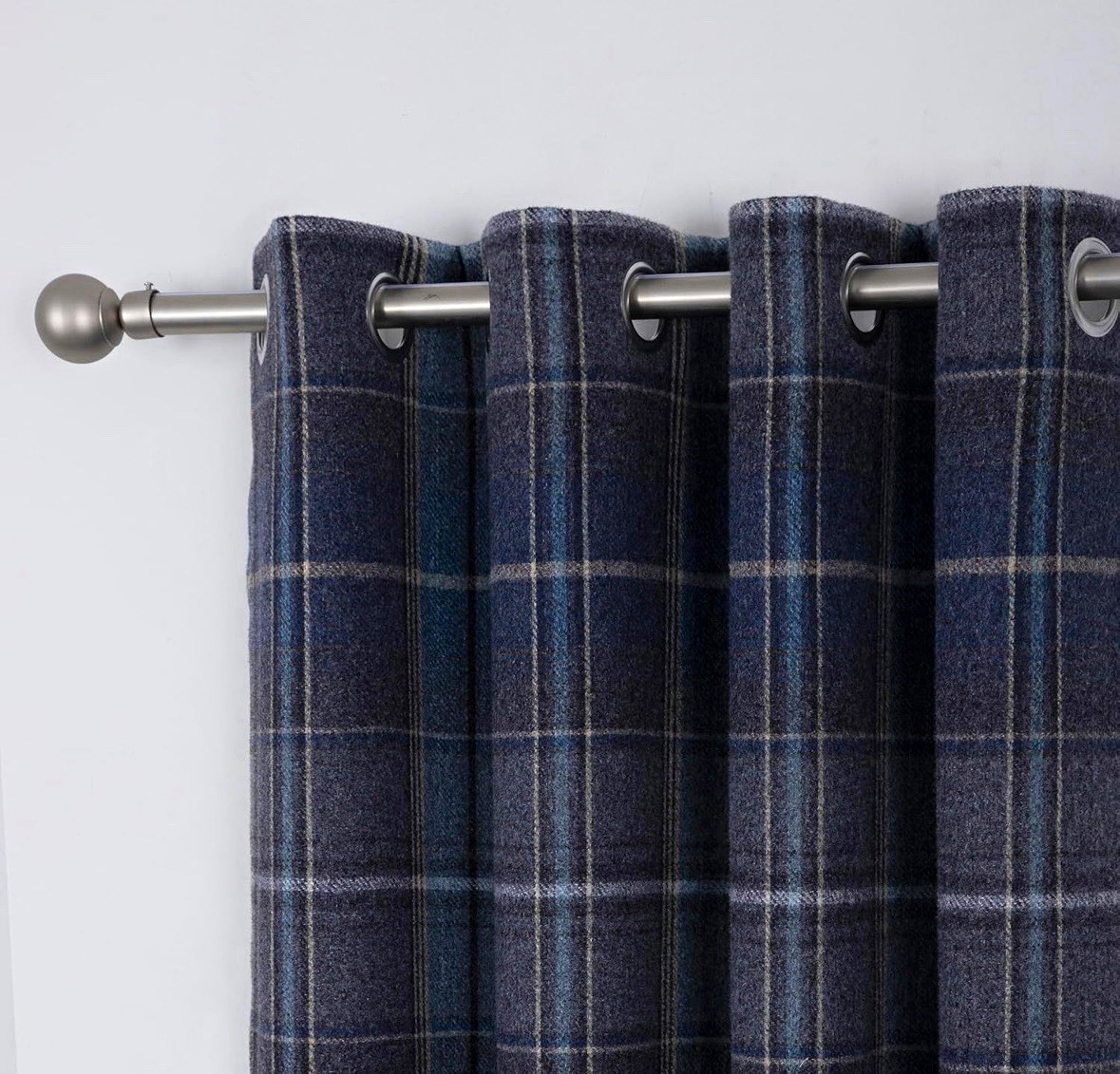 (4) Wool NavyBlue Tartan Plaid Grommet Top Curtain Panels 45 x 95