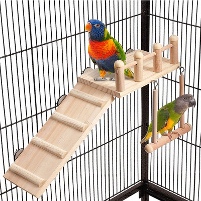 Bird Perches Platform Swing with Climbing Ladder, Parakeet Cage Accessories Wood