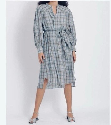 ULLA JOHNSON Blue Cotton Plaid Voile Fayette Shirt Midi Dress Sz 0 NEW pricefirm