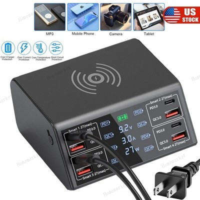 100W 8 Port Multi USB-C PD QC3.0 Fast Charger Phone Wireless Charging Station