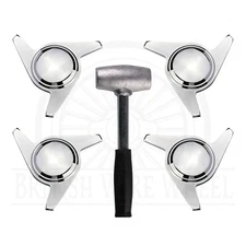 3 Bar Swept Chrome Knock Off Spinner Caps for Lowrider Wheels, Set of 4 + Hammer