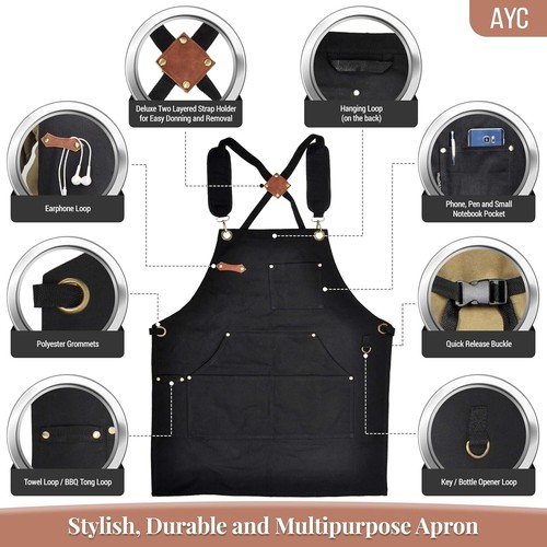AYC Professional Chef Apron - Cotton Cooking Apron Black Cotton Apron, Great