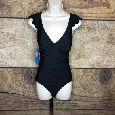 Swim Solutions V-Neck Flounce Tummy-Control One-Piece Swimsuit Black Size 12