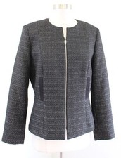 Tahari ASL Levine Black Metallic Woven Tweed Collarless Zip Blazer Jacket Sz 10