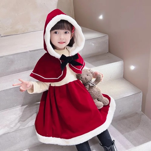 Winter Christmas Dress Girls Velvet Cloak+Flared Dress Children Kids Christmas - Picture 23 of 23