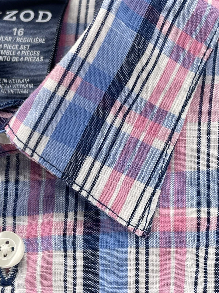 IZOD Button Up Blouse Top Shirt Womens Size Small Pink Blue Plaid Long Sleeve - Image 2 of 4