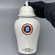 Ceramic Large Urn for Detroit Tigers Baseball Theme, Custom Text