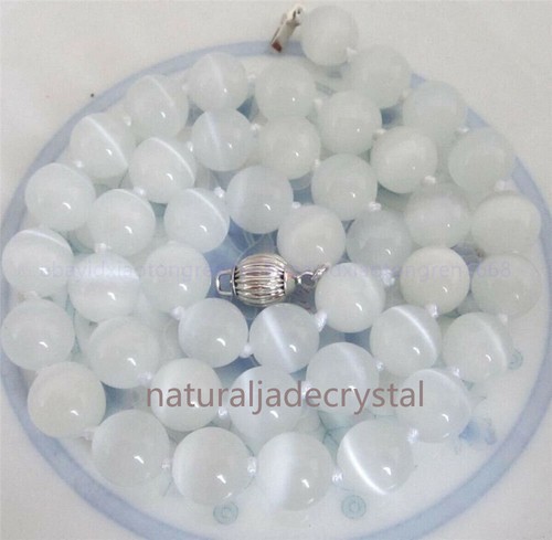 Beautiful Natural 10MM White Opal Cat's Eye Round Bead Gemstone Necklace 16-25" - Picture 9 of 10