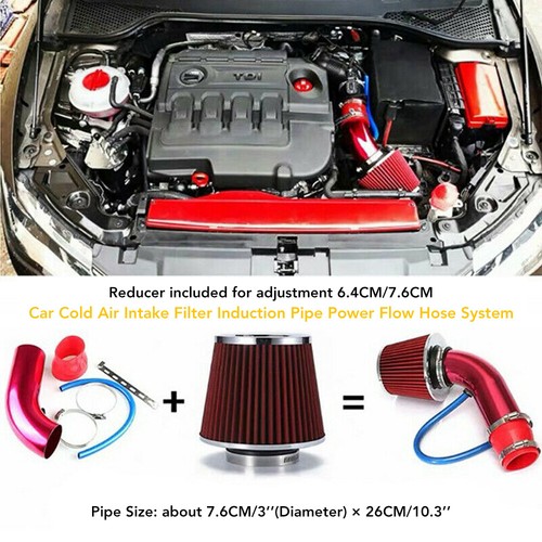 Car Cold Air Intake Filter Induction Pipe Kit Hose System Universal 3in 76mm Red - Picture 3 of 9