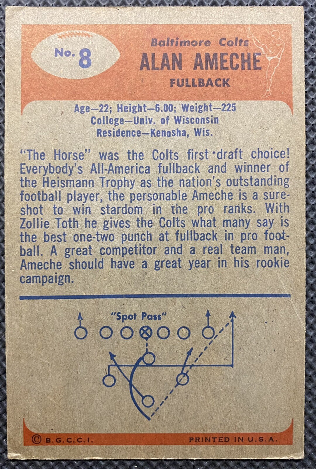 1955 Bowman Football Alan Ameche RC 8 ExMT Falak Tayyeb Platinum