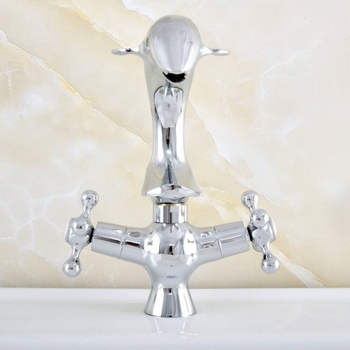 Chrome Brass Bathroom Dolphin Swivel Spout Dual Cross Handles Sink Basin Faucet - Picture 4 of 7