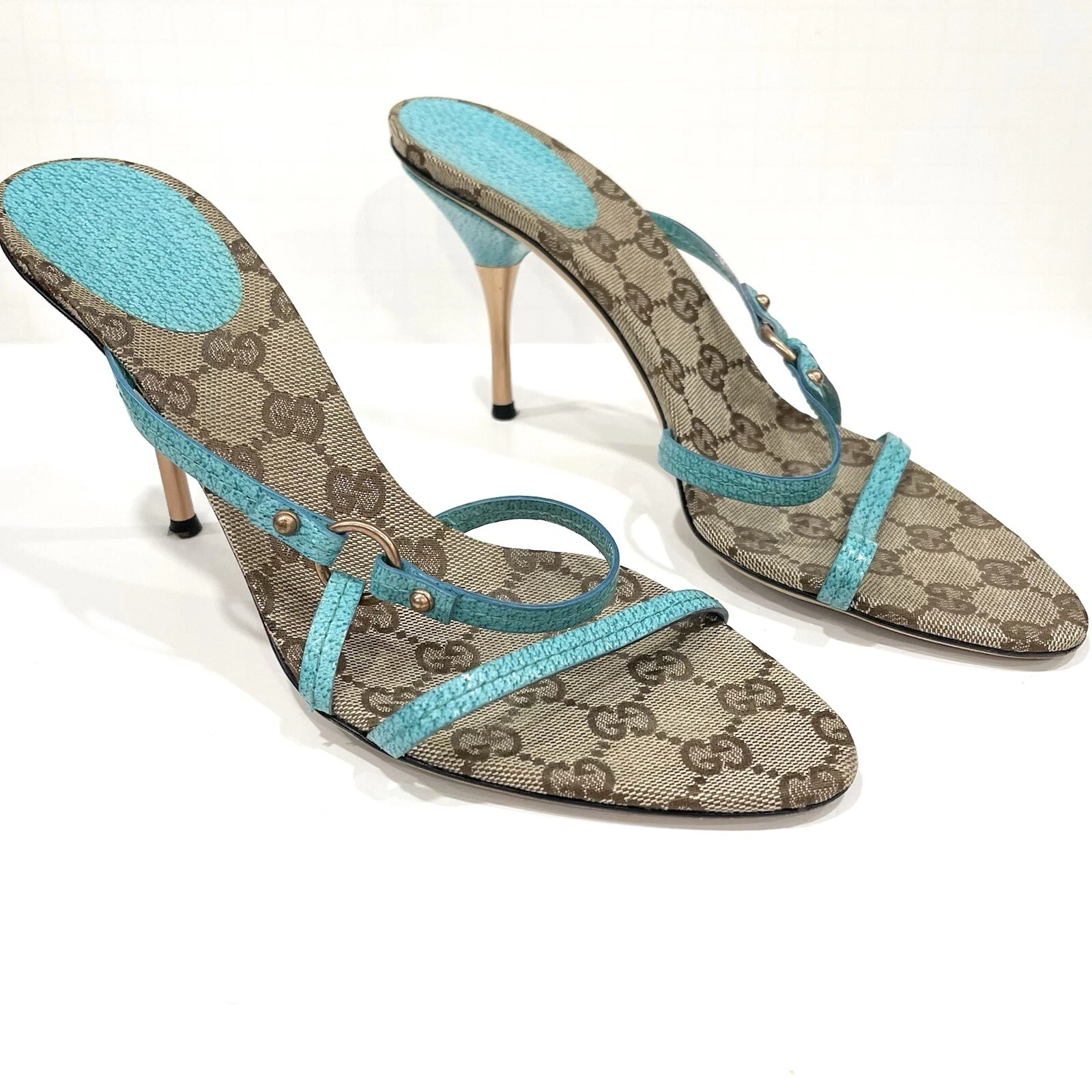 Gucci GG Logo Monogramme Turquoise Bretelles Talons 8 1/2