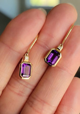 14k Yellow Gold Emerald Cut Amethyst and Diamond Drop Earrings Retail 980