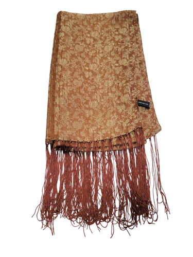 Jones New York Wrap Scarf Tassels Metallic Floral Rayon Brown Gold Shimmer 72" - 第 2/11 張圖片