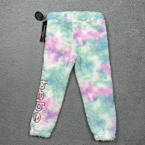 bebe Sweatpants Girls Medium 5/6 Mint Wave Tie Dye Pink Fuzzy Fleece Logo NWT - Picture 9 of 9