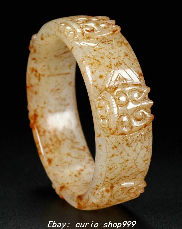 58MM Old Han Dynasty Natural Hetian Jade Carved Cicada Insect Bracelet Bangle