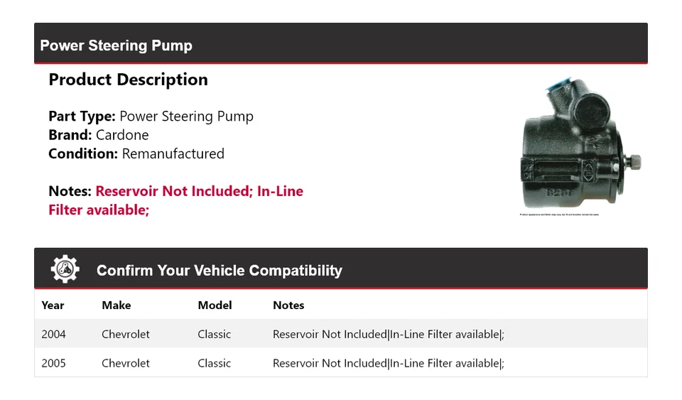 Bomba de dirección asistida clásica Cardone para Chevrolet 2004-2005 Foto 2 de 4