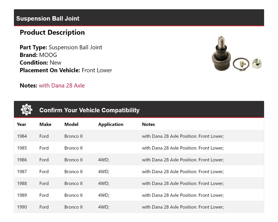 Rótula de suspensión delantera inferior MOOG 1984-1990 FORD BRONCO II 1984 1985 Foto 2 de 4