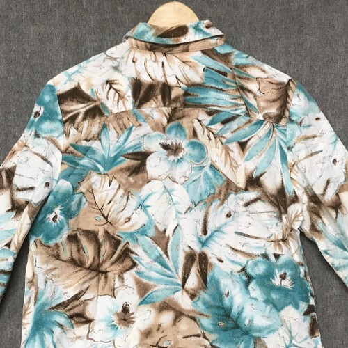 Alfred Dunner Shirt Womens 12 Large Blue Linen Blouse Floral Tropical Roll Tab - Picture 7 of 17