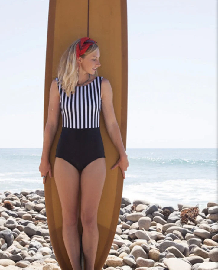 Traje de baño Seea The Lido Venice negro blanco a rayas piel RC de una pieza talla pequeña Foto 3 de 4