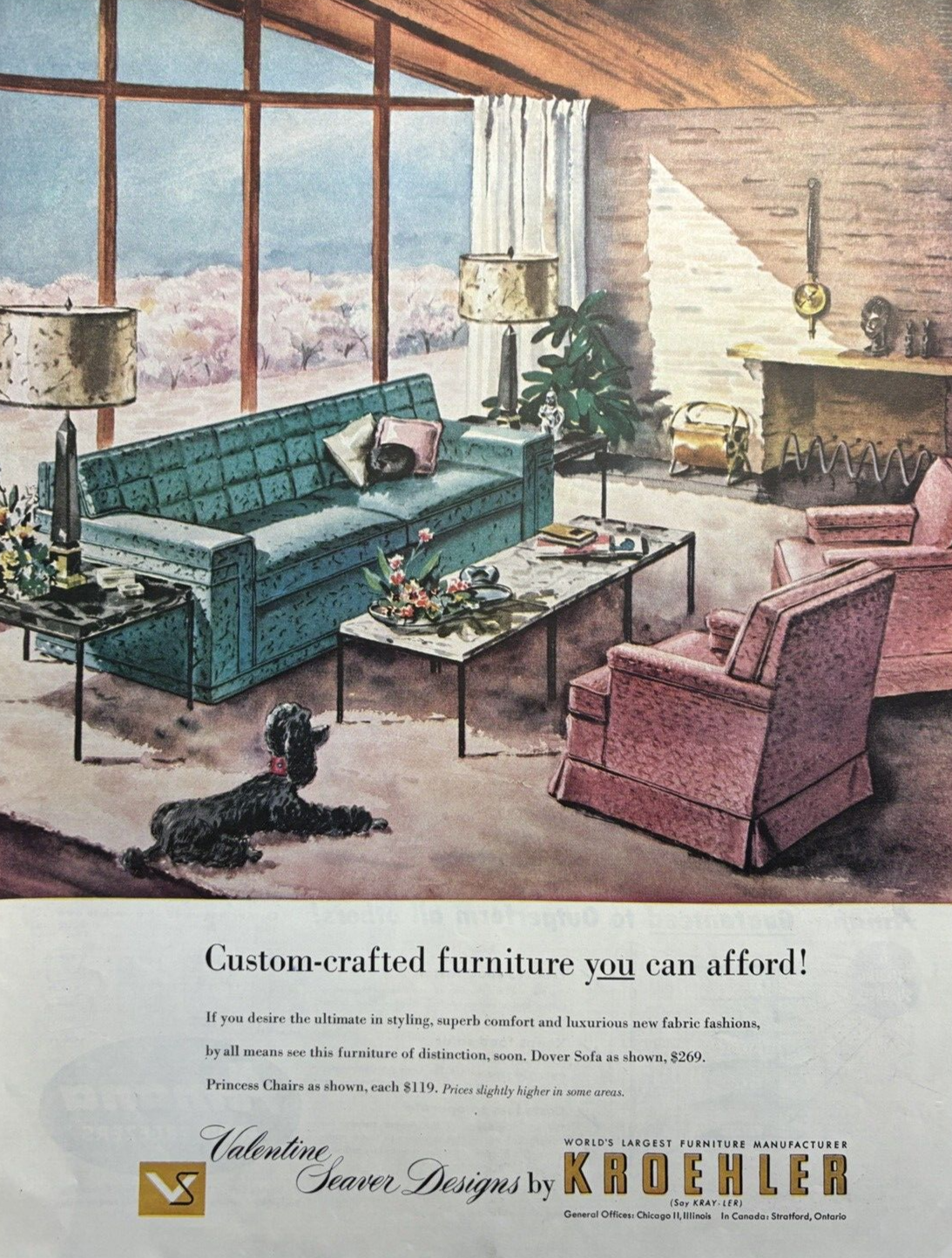 195 4Kroehler Furniture Worlds Largest Manufacturer styling Fashion VTG Print Ad