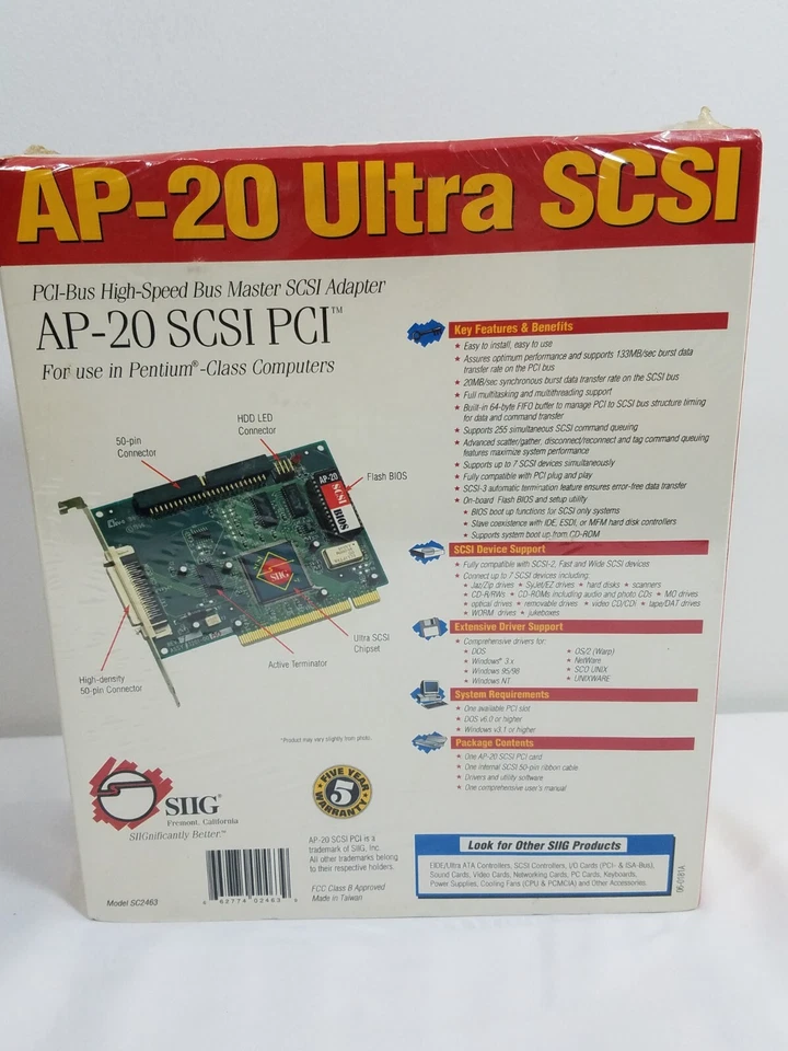 SIIG AP-20 Ultra SCSI PCI Adapter for DOS v6.0 or Windows v3.1 and higher NEW - Image 2 of 4