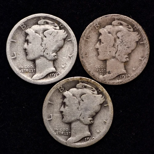1919 P D S (3 PIECE LOT) Mercury Silver Dime AG / ABOUT GOOD FREE SHIPPING