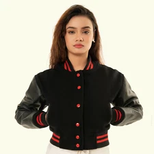 Cropped Jacket Varsity Letterman Crop Jackets for Women Wool Body Leather Sleeve