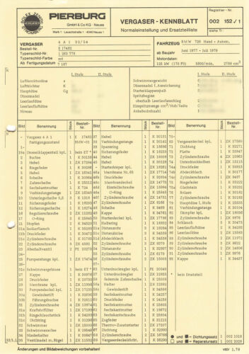Einstelldaten Datenblatt Ersatzteilliste Solex 4A1 Vergaser BMW 728 / E17482 - Bild 1 von 2