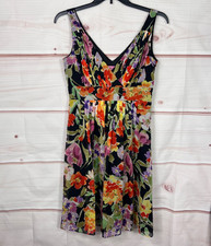 Eliza J Dress Womens 8 Black Floral Silk A-Line Empire Waist V-Neck Sleeveless