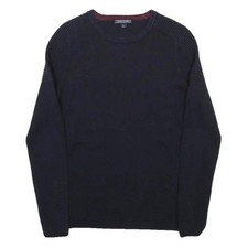 TOMMY HILFIGER Womens Navy Blue Plain Crew Neck Basic Knit Jumper S Wool Blend