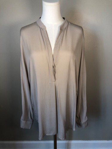Vince Silk Batwing Sleeve Split Band Collar Taupe Blouse Minimalist Luxury Sz L
