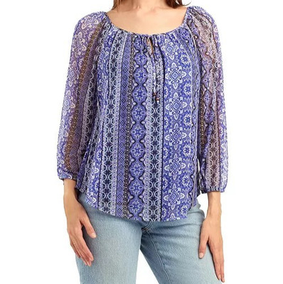 NWT BCX PRINT MESH SCOOP NECK PEASANT TOP  boat neck womans XL