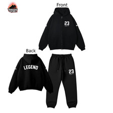Men's Full Zip Black Hoodie Sweatpants LEGEND Front Back Print Graphic Sweatsuit