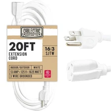 20 Foot Outdoor Extension Cord - 16/3 SJTW White 16 Gauge Electrical Cable wi...