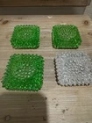 3 Vintage Fenton  Green Glass, 1 Clear Hobnail Square Trinket Dish Candleholders