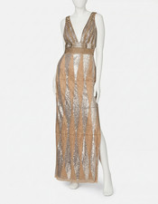 Aidan Mattox Women's Beige Fully Beaded Deep V Neck Gown Dress Size: 2